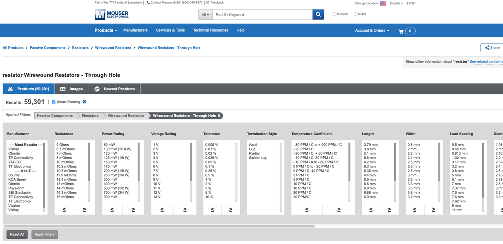 Screenshot of hte Mouser website, showing the 59,301 wirewound through hole resistors I can buy for my project