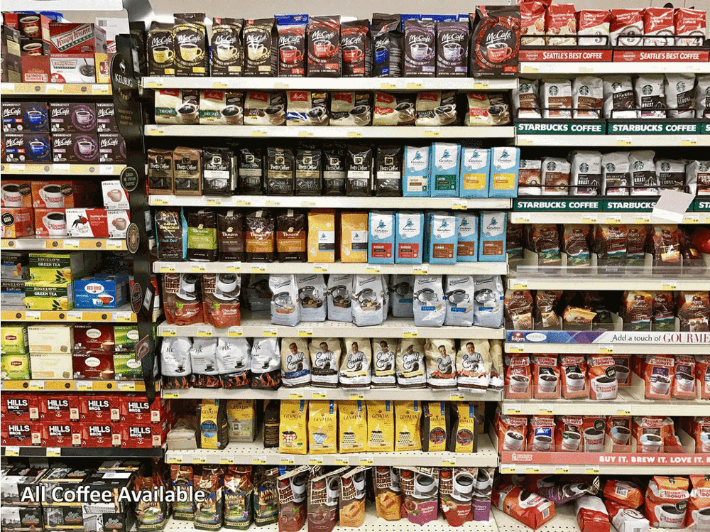 The limited selection for whole bean, medium roasted coffee at my local super market.