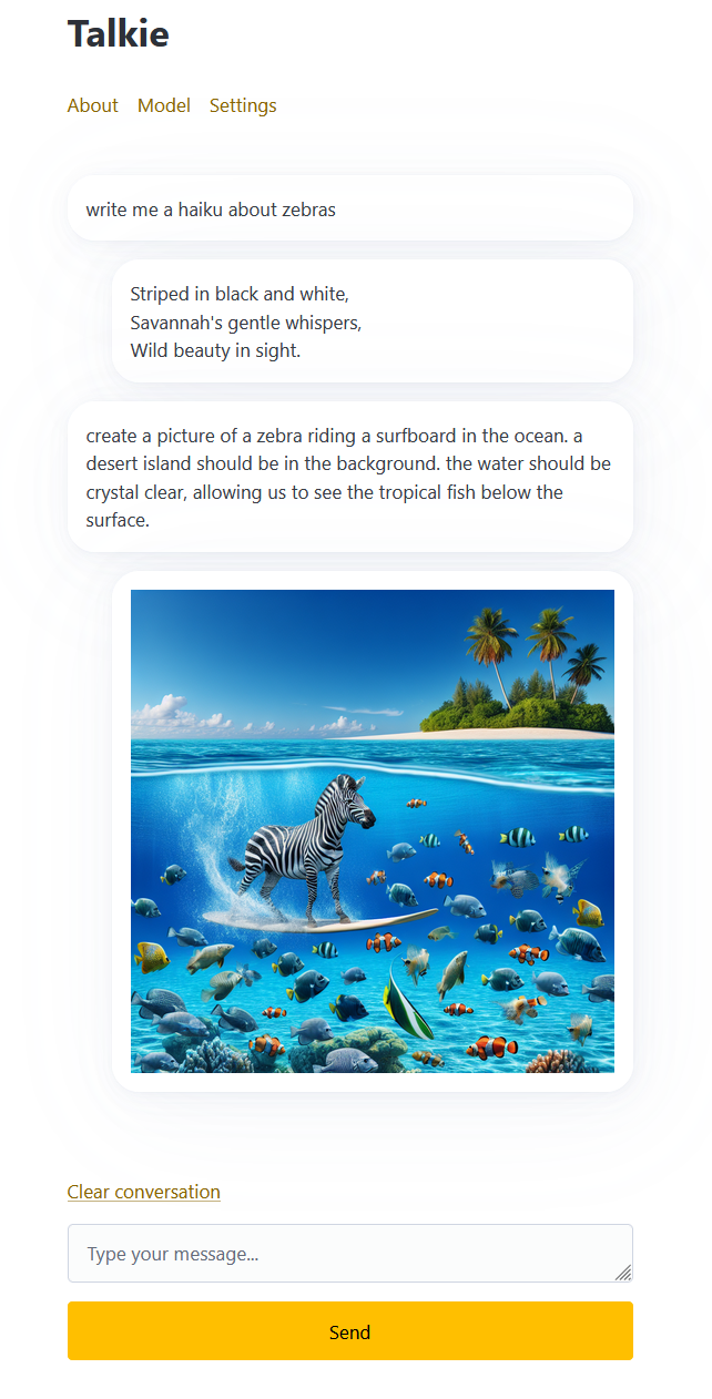Screenshot of the Talkie app generating text and images